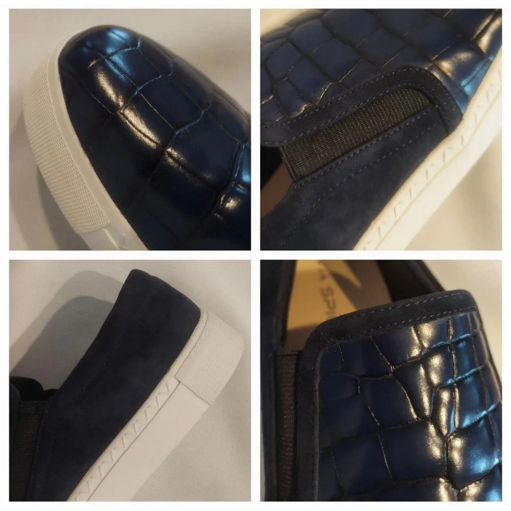 Via Spiga Womens Navy Maliah Croc Embossed Leather & Suede Sneakers Size 8.5 ❤️ - Picture 4 of 10